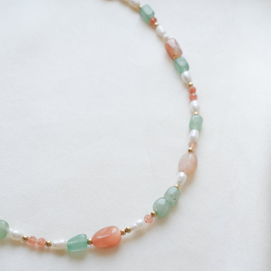Collier Carla - Aventurine, tourmalie, gold sun, perles de culture