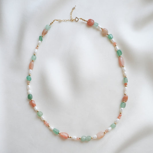Collier Carla - Aventurine, tourmalie, gold sun, perles de culture