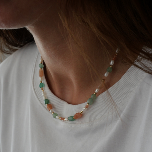 Collier Carla - Aventurine, tourmalie, gold sun, perles de culture