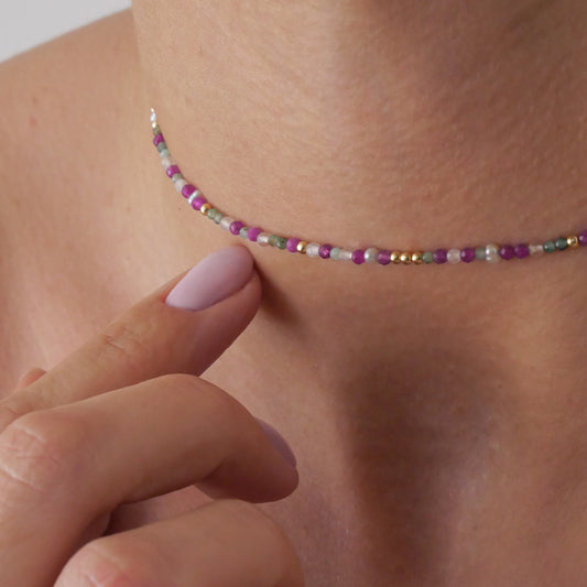 Collier-double bracelet Eliane - Rubis chauffé, émeraude, pierre de lune